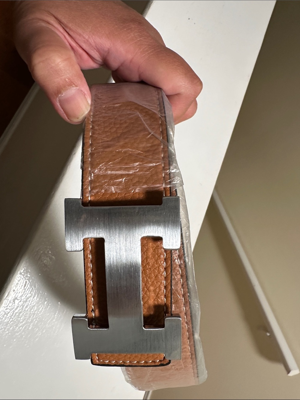 Tan Leather Belt with Brushed Metal Buckle